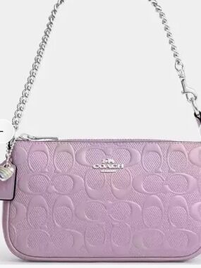 Coach Lavender Embossed Signature Shoulder Bag with Silver Chain heart charm